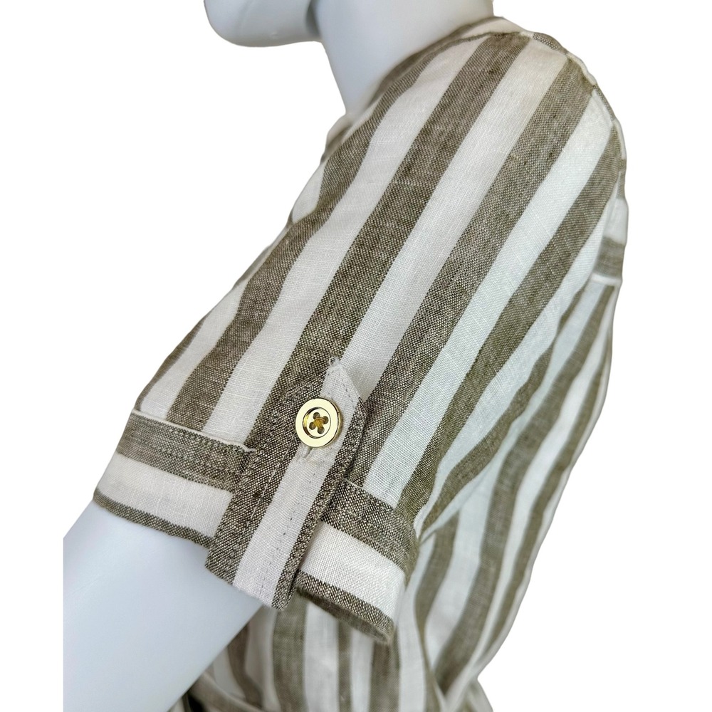 Talbots Linen Utility Shirt Dress Lawn Stripe Belted Khaki White Size 2P Petite - Picture 8 of 11